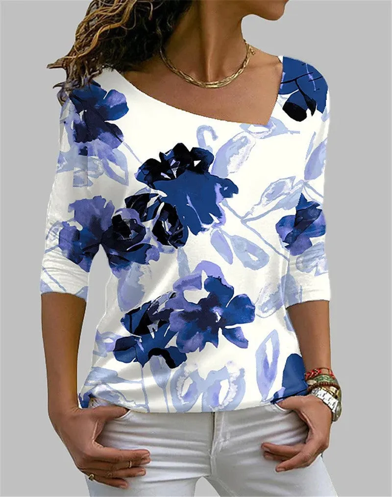 Square Neck Long Sleeve Flower Print T-Shirt