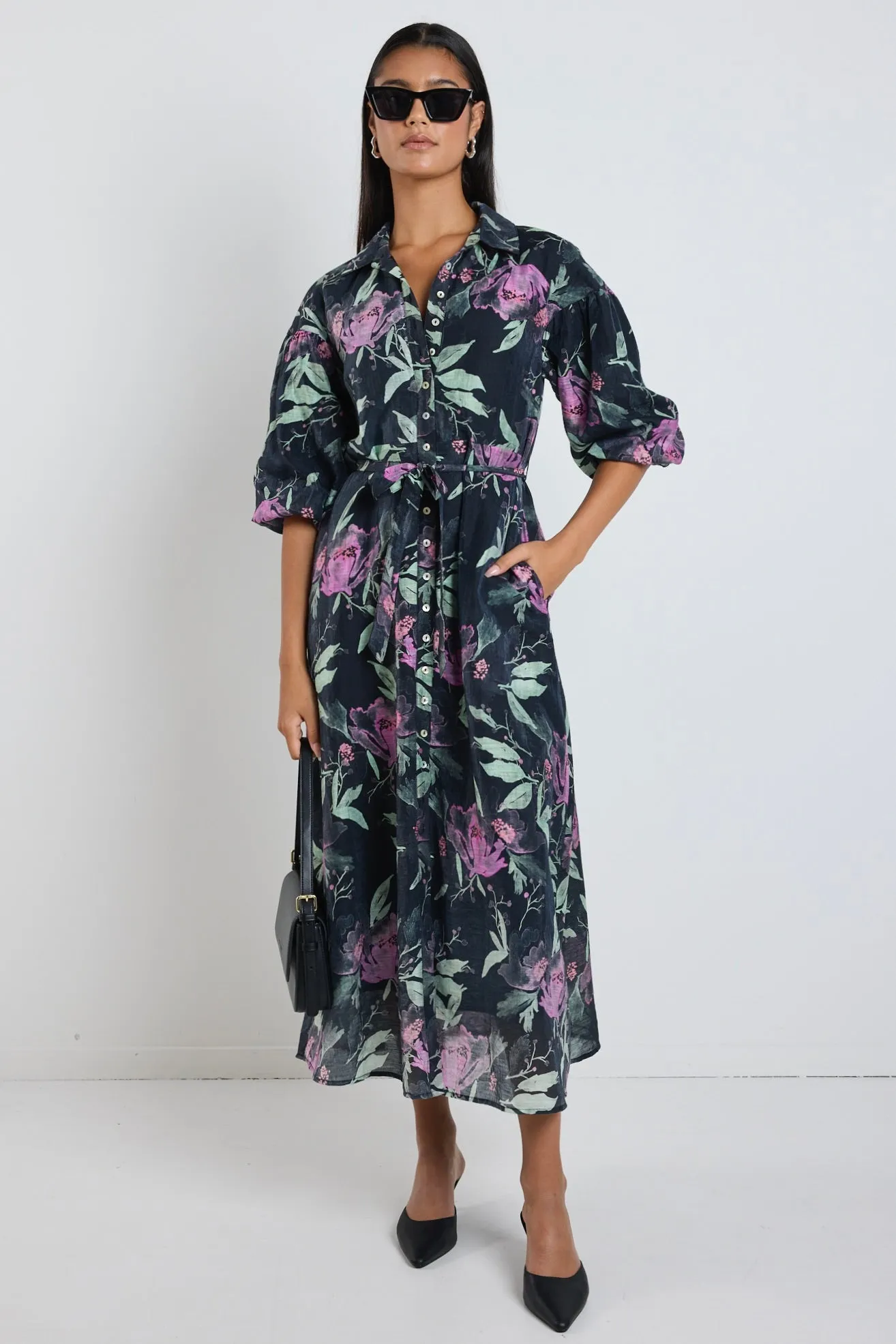 Studio Petrol Lilac Floral Balloon Sleeve Midi Shirt Dress