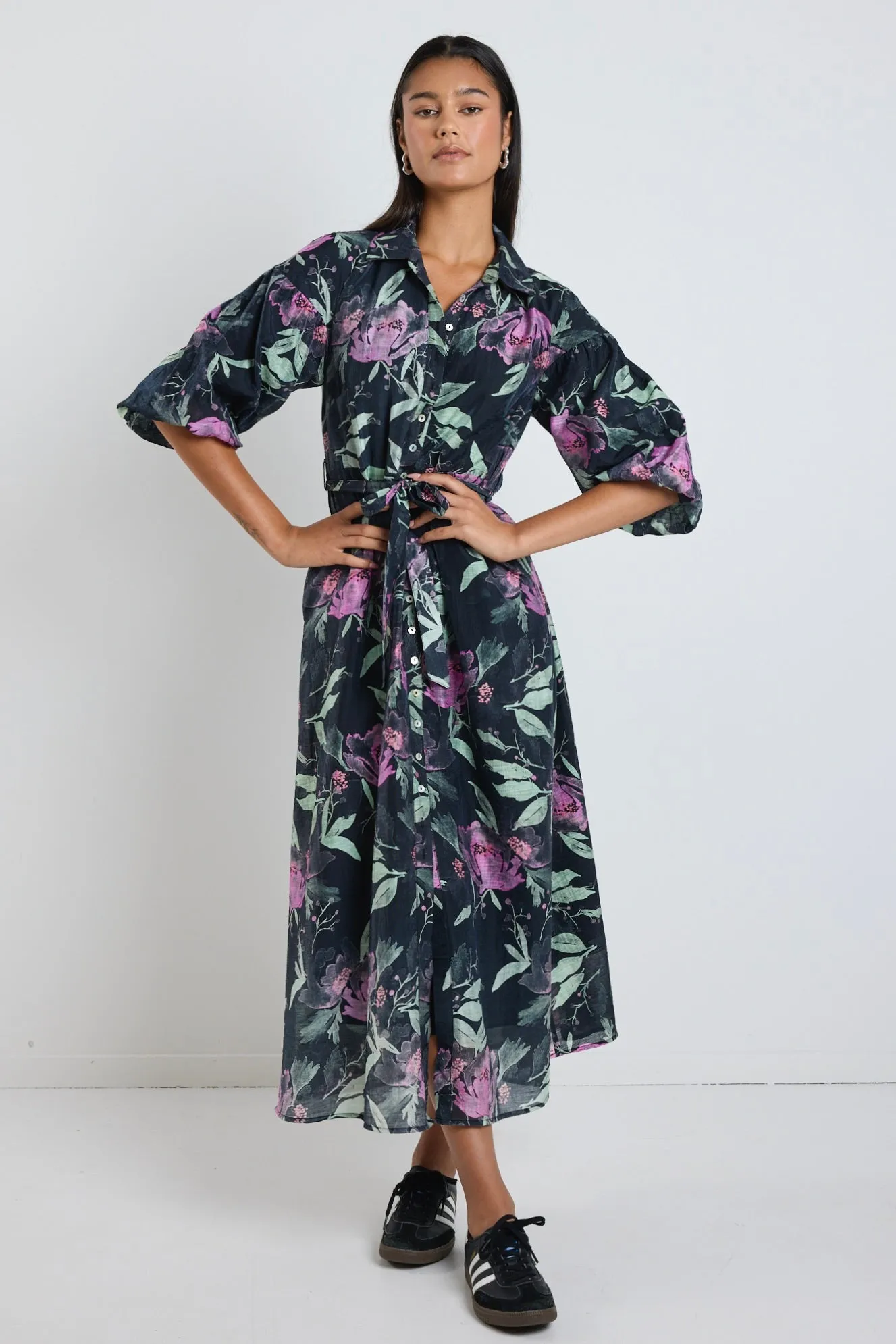 Studio Petrol Lilac Floral Balloon Sleeve Midi Shirt Dress