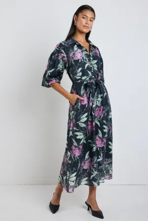 Studio Petrol Lilac Floral Balloon Sleeve Midi Shirt Dress