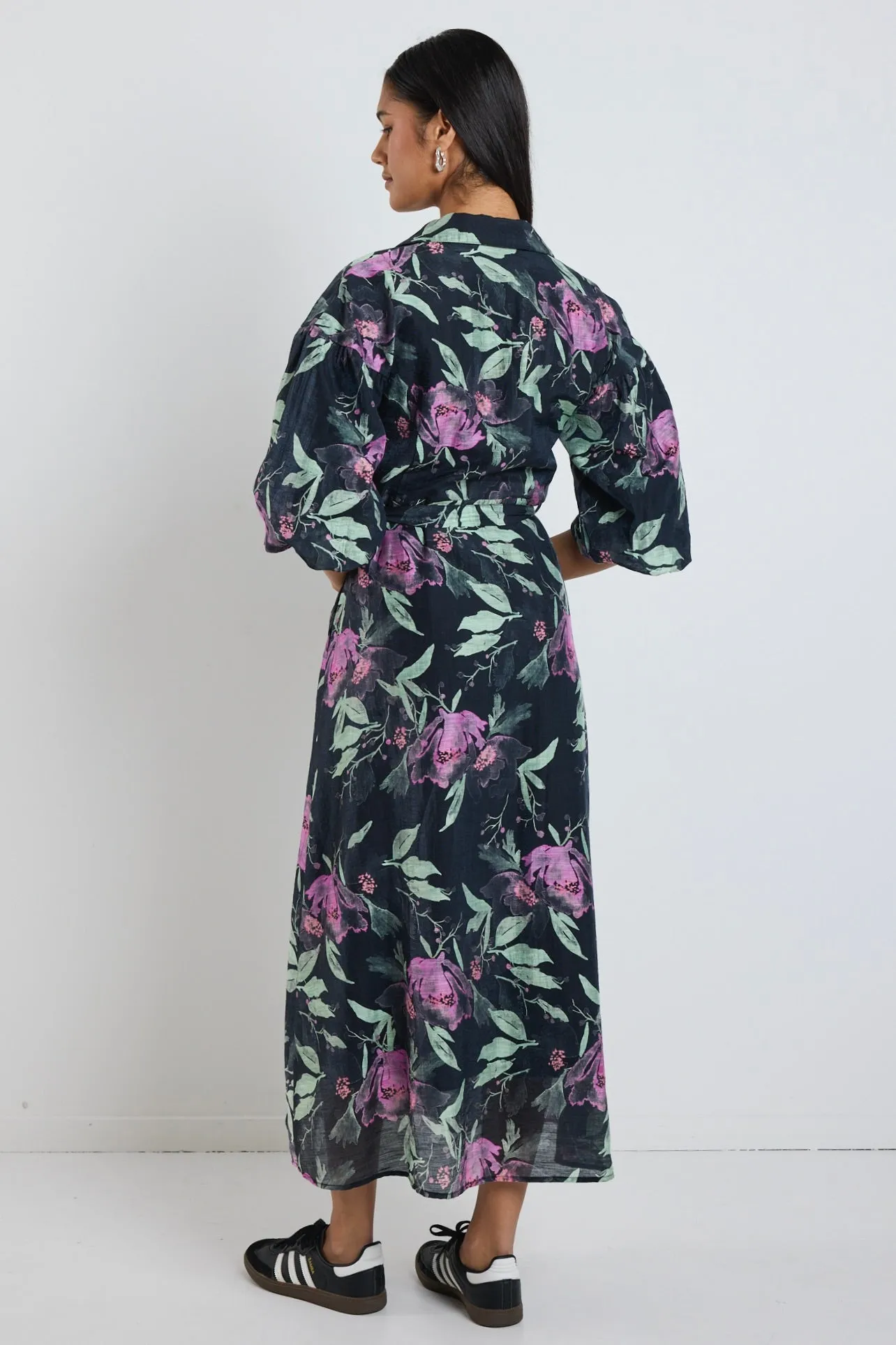 Studio Petrol Lilac Floral Balloon Sleeve Midi Shirt Dress