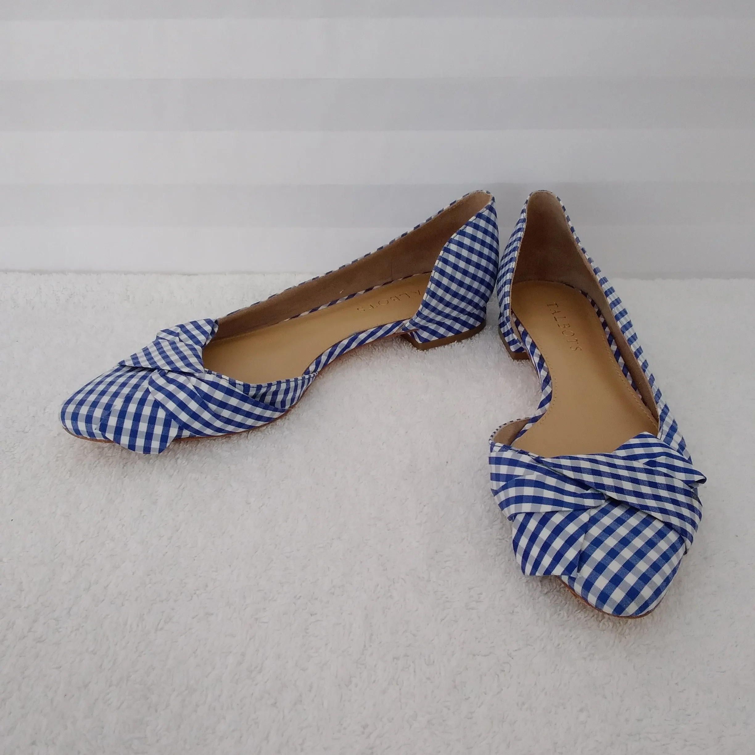 Talbots Blue/White Gingham Checked Edison D’orsay Bow Flats - Size: 7-1/2M