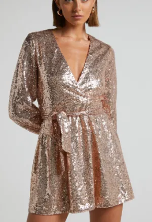 Three Of Us Mini Dress - Long Sleeve Wrap Dress In Gold Sequin
