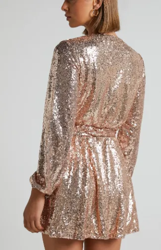 Three Of Us Mini Dress - Long Sleeve Wrap Dress In Gold Sequin
