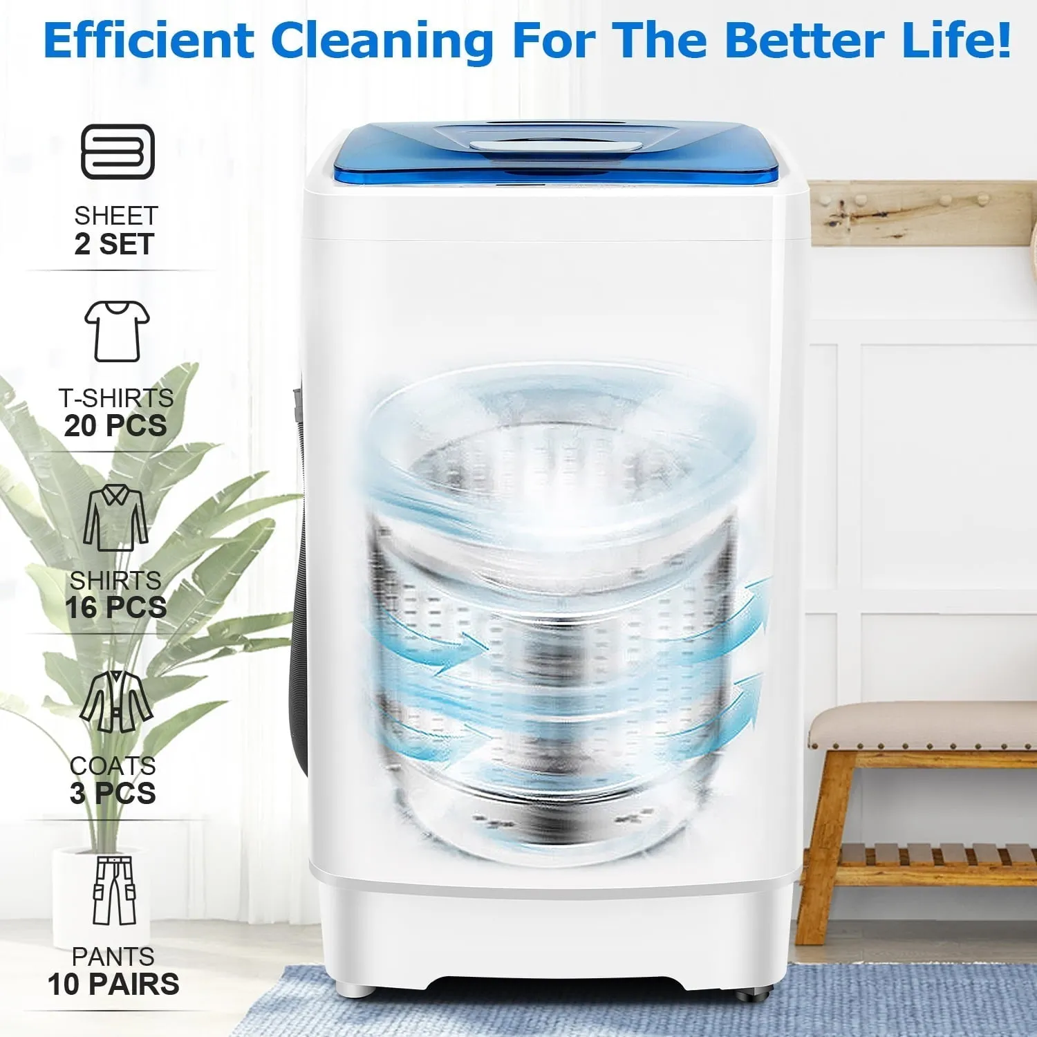 Tikmboex Fully Automatic Washing Machine, 17.8lbs Washer and Dryer Combo with Dual Inlets for Hot and Cold Water, Portable Washing Machine with LED Display & 1 Adjustable feet & Wheels