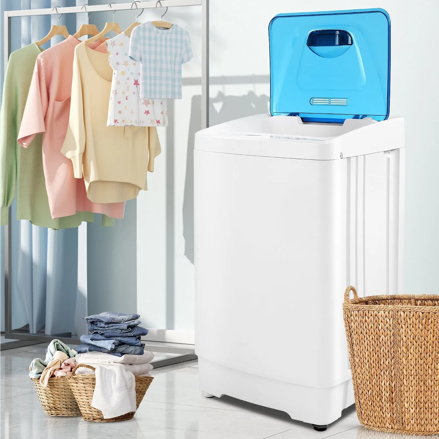 Tikmboex Fully Automatic Washing Machine, 17.8lbs Washer and Dryer Combo with Dual Inlets for Hot and Cold Water, Portable Washing Machine with LED Display & 1 Adjustable feet & Wheels