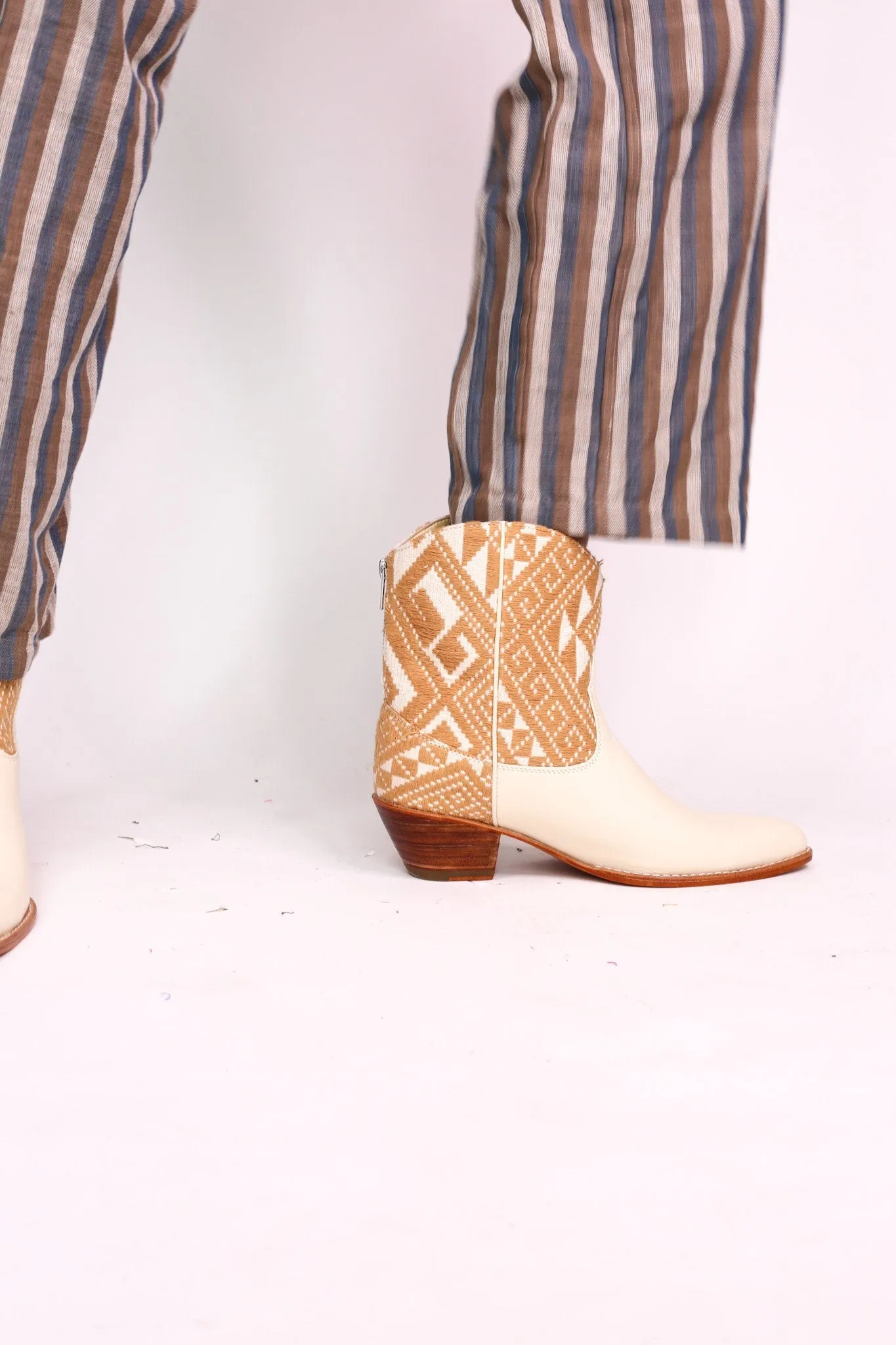 TRIBAL WOVEN LEATHER ANKLE BOOTS IVORY