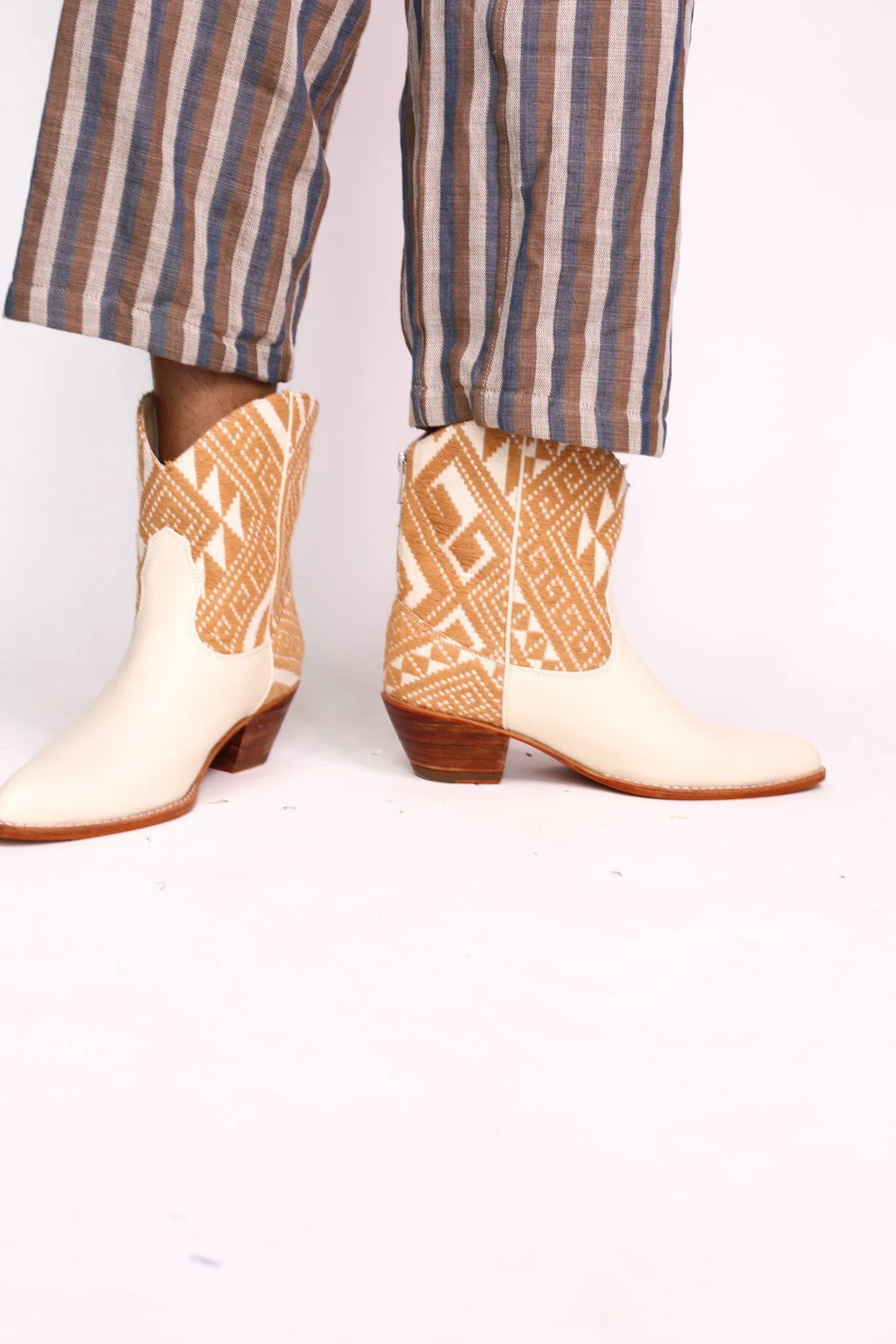 TRIBAL WOVEN LEATHER ANKLE BOOTS IVORY