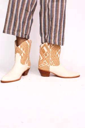 TRIBAL WOVEN LEATHER ANKLE BOOTS IVORY