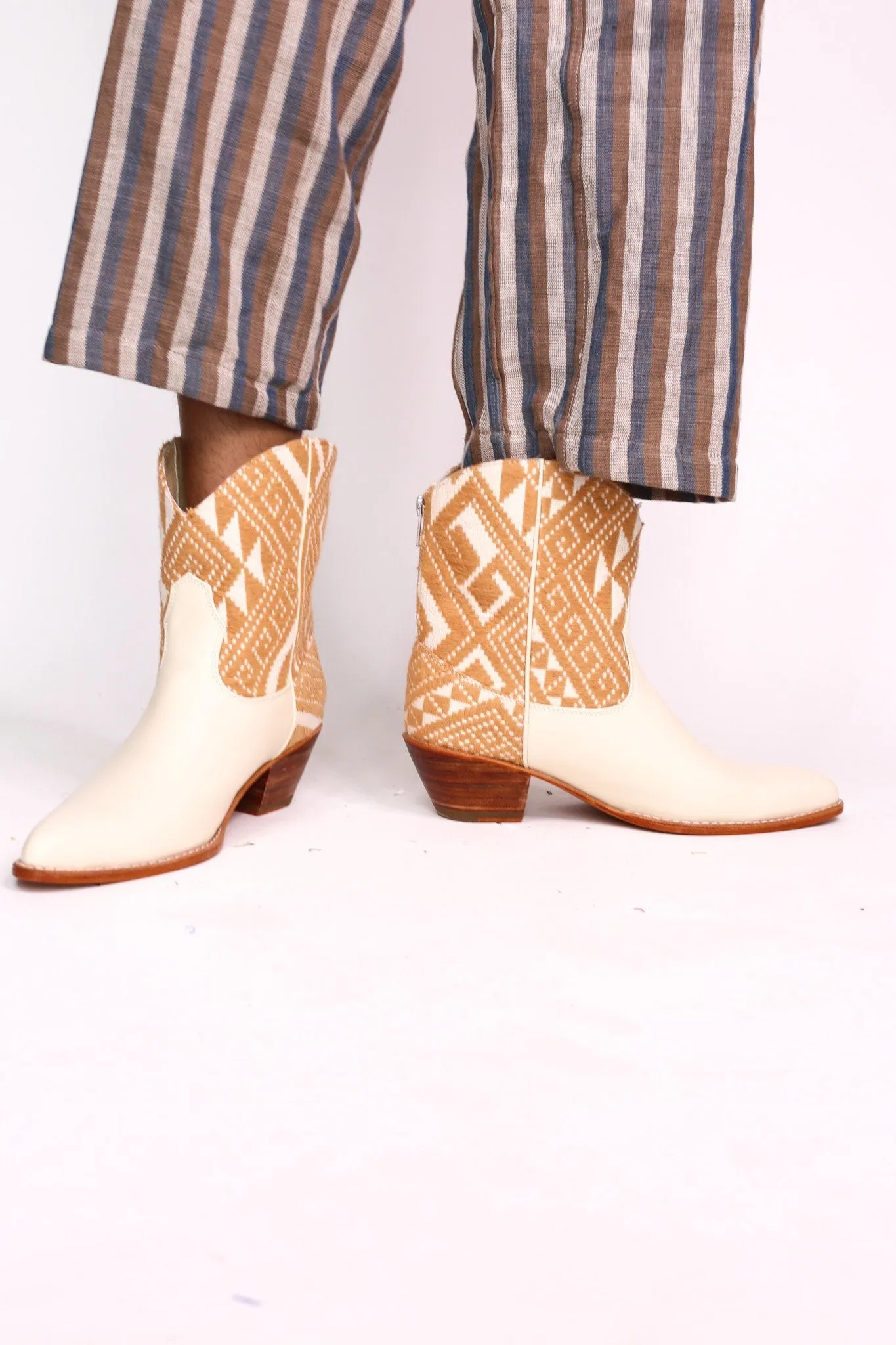 TRIBAL WOVEN LEATHER ANKLE BOOTS IVORY