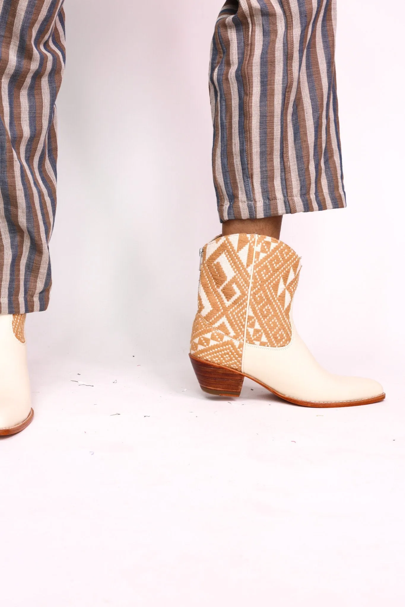 TRIBAL WOVEN LEATHER ANKLE BOOTS IVORY