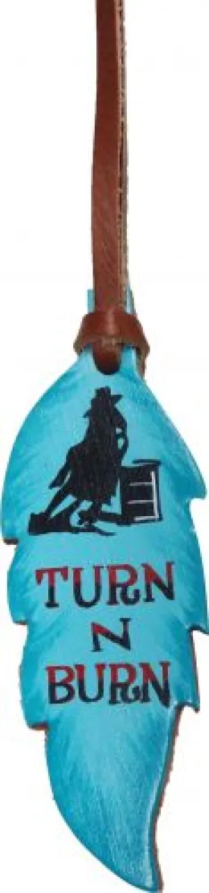 Turn N Burn" teal hand painted painted leather tie on feather Saddle Charm