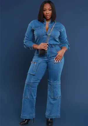 Utility-Chic Stretch Denim Cargo Jumpsuit for Effortless Style