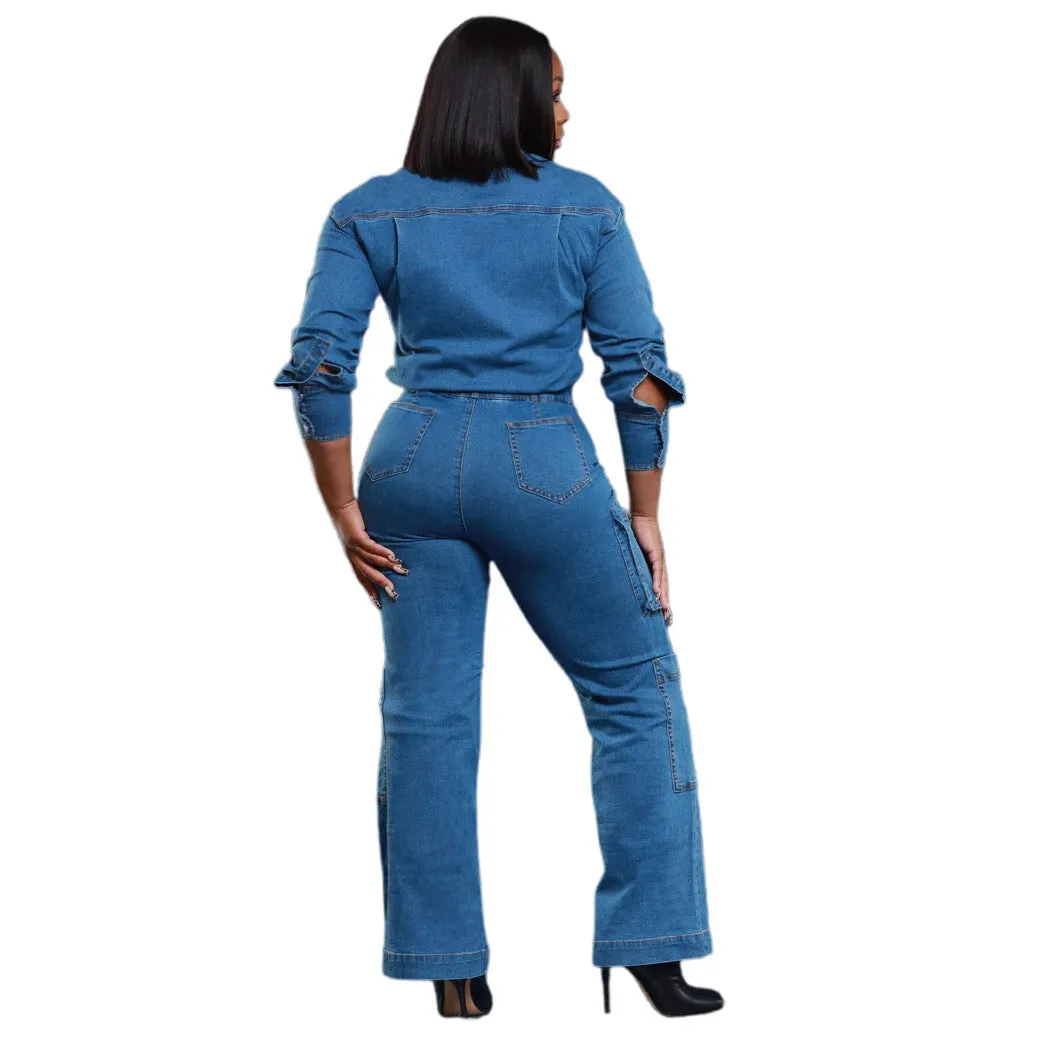 Utility-Chic Stretch Denim Cargo Jumpsuit for Effortless Style