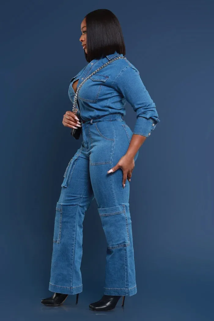 Utility-Chic Stretch Denim Cargo Jumpsuit for Effortless Style