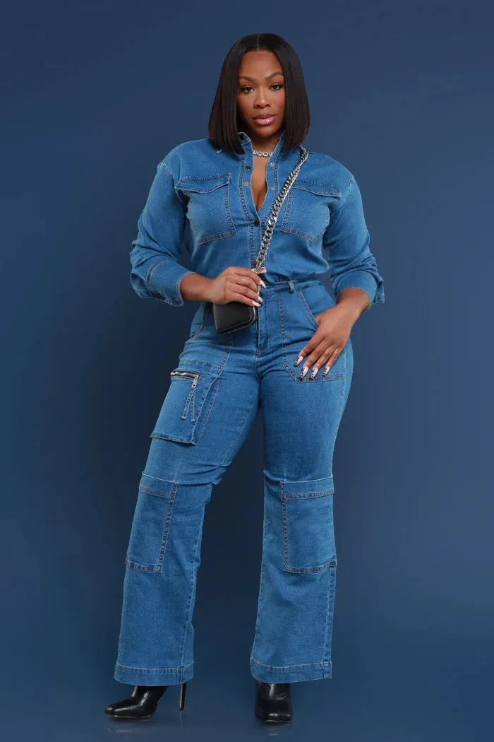 Utility-Chic Stretch Denim Cargo Jumpsuit for Effortless Style