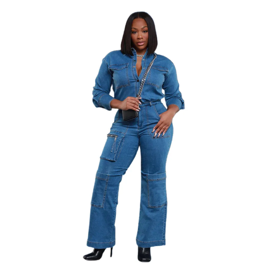 Utility-Chic Stretch Denim Cargo Jumpsuit for Effortless Style