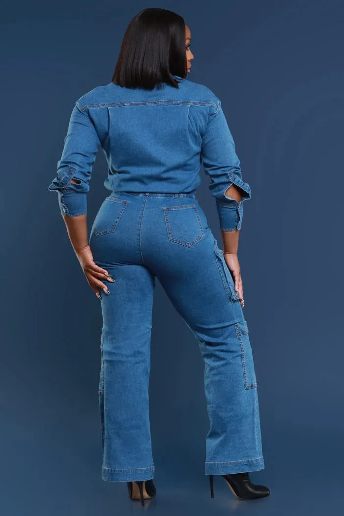 Utility-Chic Stretch Denim Cargo Jumpsuit for Effortless Style