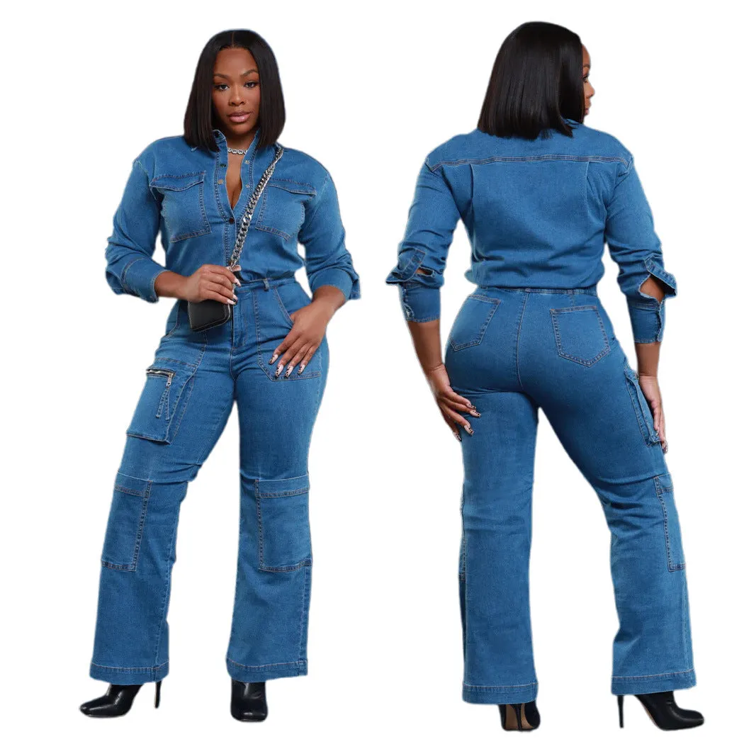 Utility-Chic Stretch Denim Cargo Jumpsuit for Effortless Style