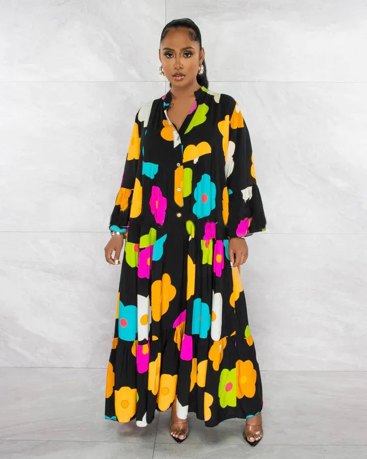 Vibrant Floral Print Button-Up Loose-Fit Maxi Dress
