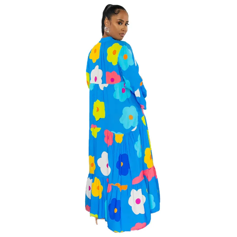 Vibrant Floral Print Button-Up Loose-Fit Maxi Dress