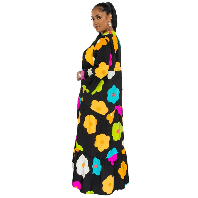 Vibrant Floral Print Button-Up Loose-Fit Maxi Dress