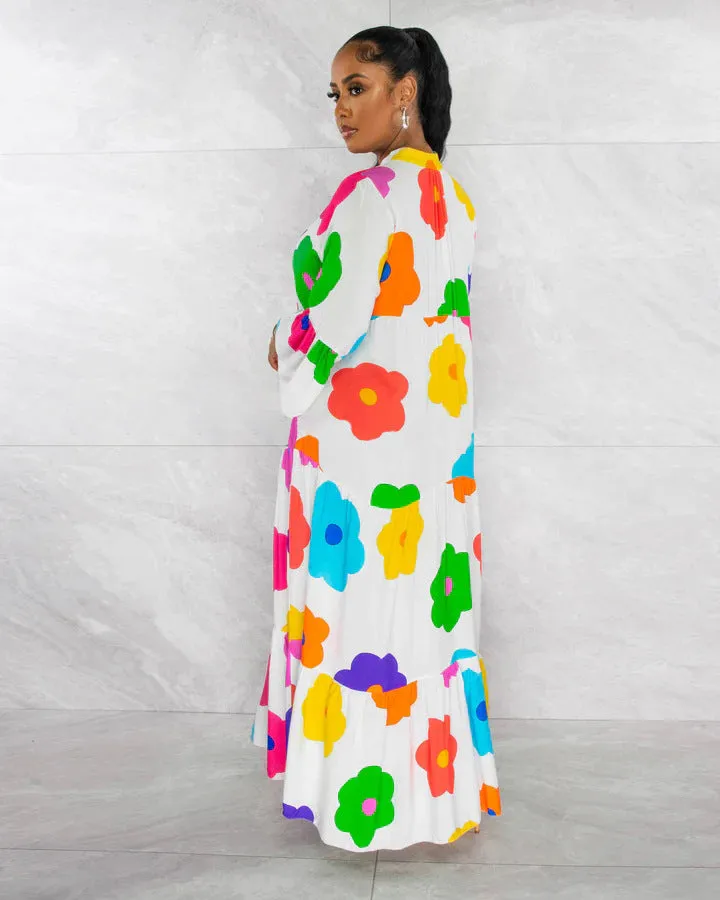 Vibrant Floral Print Button-Up Loose-Fit Maxi Dress