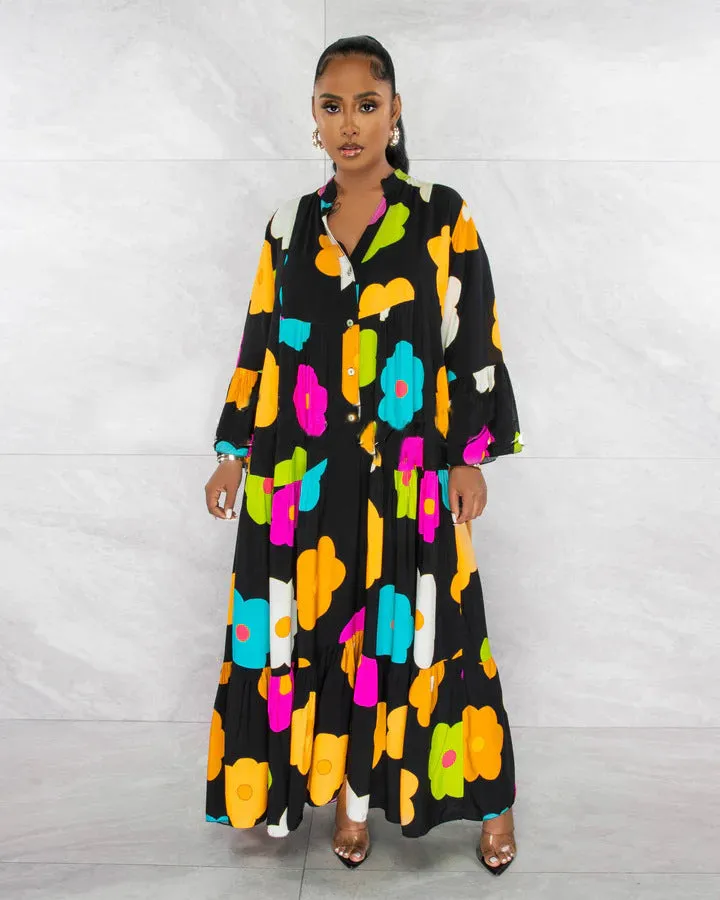 Vibrant Floral Print Button-Up Loose-Fit Maxi Dress