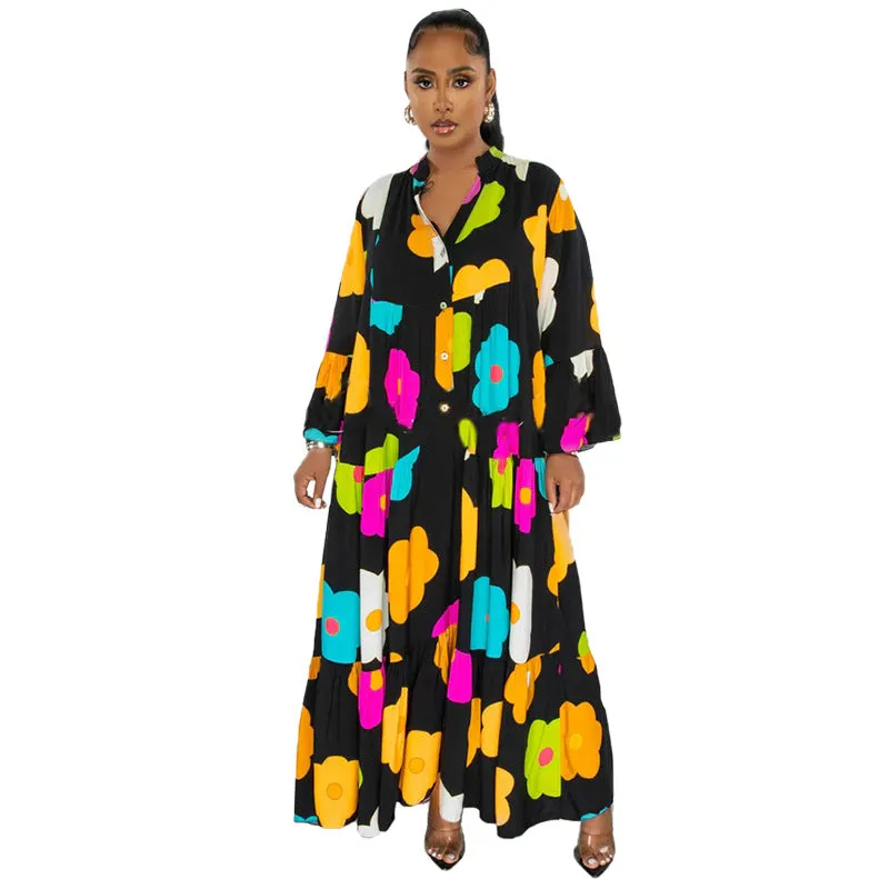 Vibrant Floral Print Button-Up Loose-Fit Maxi Dress