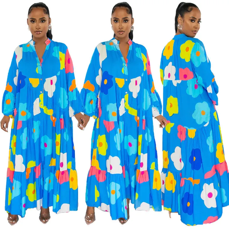 Vibrant Floral Print Button-Up Loose-Fit Maxi Dress