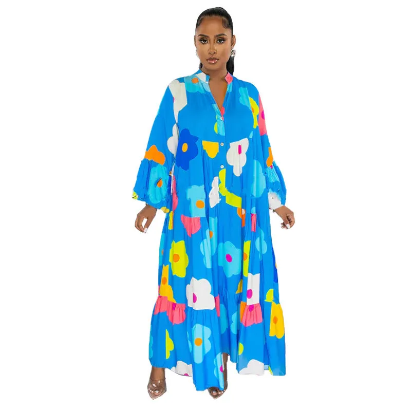 Vibrant Floral Print Button-Up Loose-Fit Maxi Dress