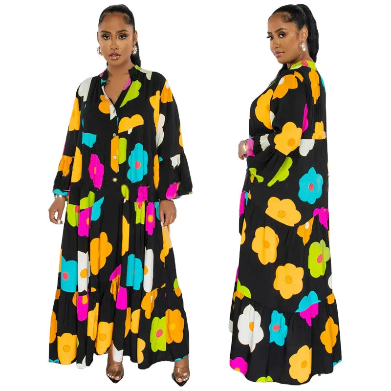 Vibrant Floral Print Button-Up Loose-Fit Maxi Dress