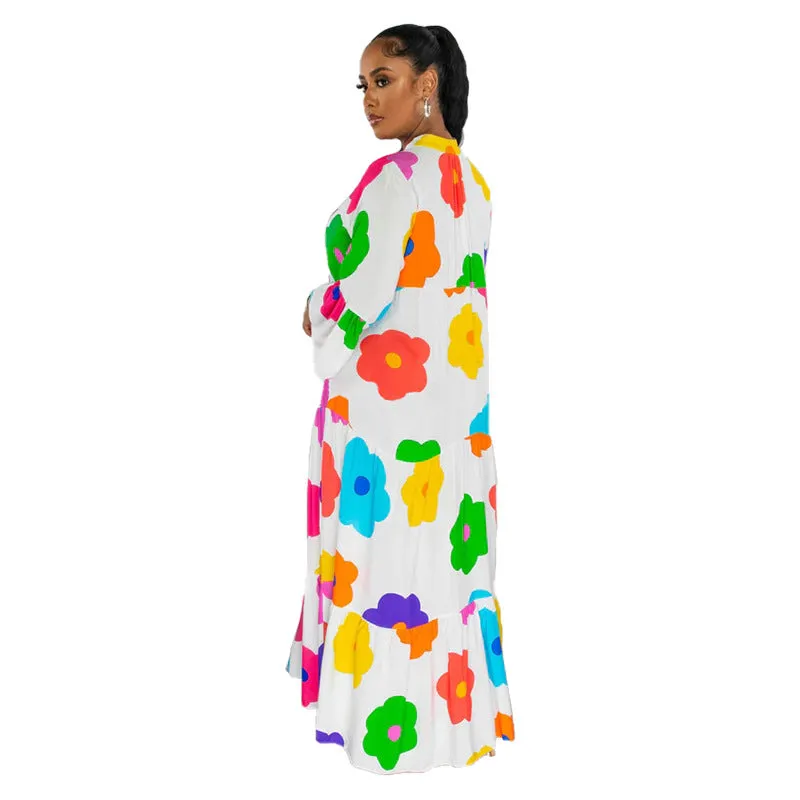 Vibrant Floral Print Button-Up Loose-Fit Maxi Dress