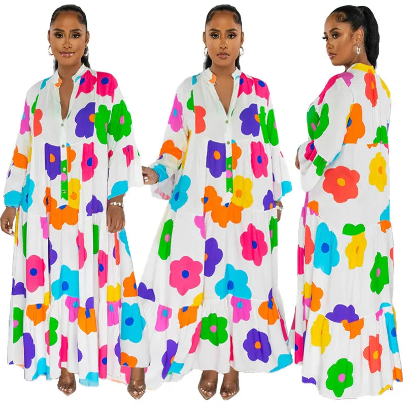 Vibrant Floral Print Button-Up Loose-Fit Maxi Dress