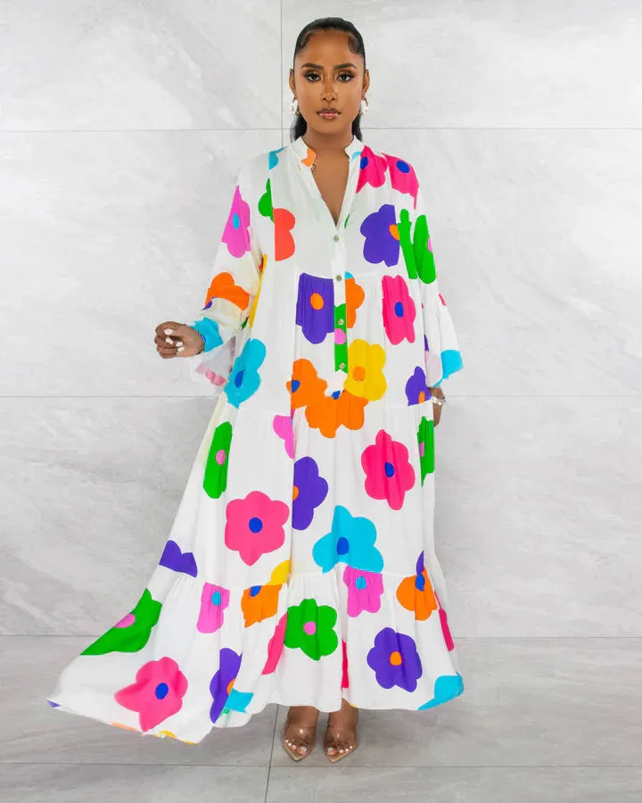 Vibrant Floral Print Button-Up Loose-Fit Maxi Dress
