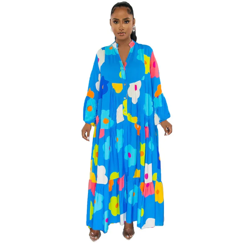 Vibrant Floral Print Button-Up Loose-Fit Maxi Dress
