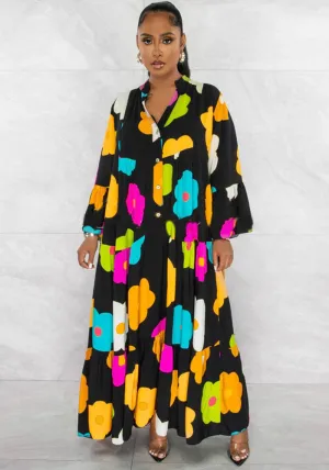 Vibrant Floral Print Button-Up Loose-Fit Maxi Dress