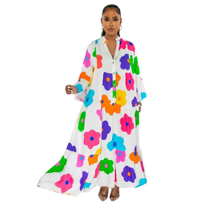 Vibrant Floral Print Button-Up Loose-Fit Maxi Dress