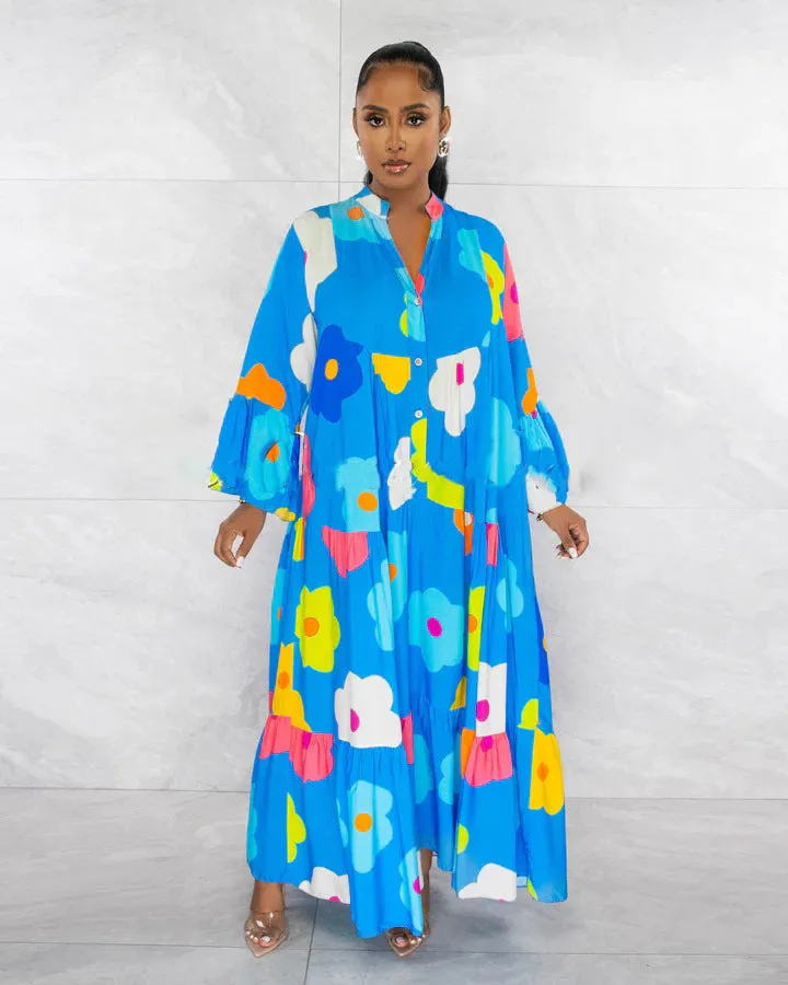 Vibrant Floral Print Button-Up Loose-Fit Maxi Dress