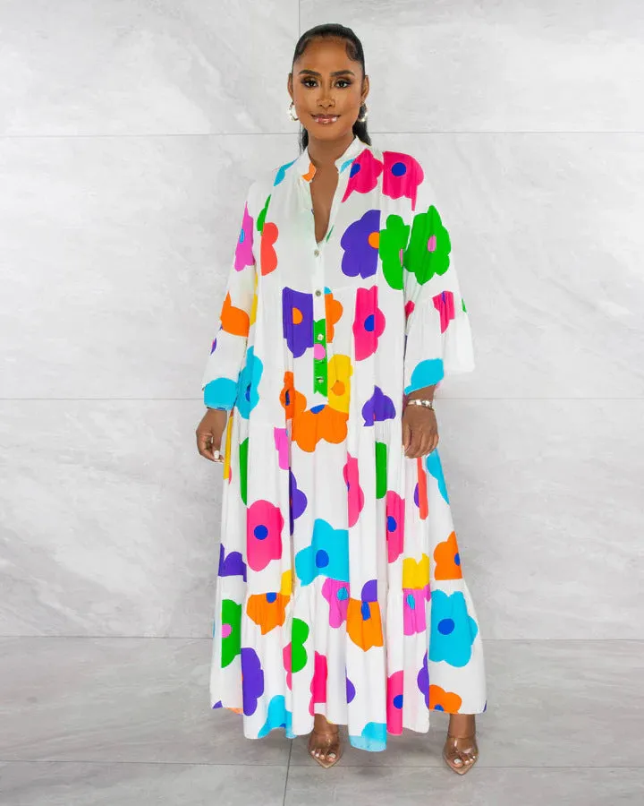 Vibrant Floral Print Button-Up Loose-Fit Maxi Dress