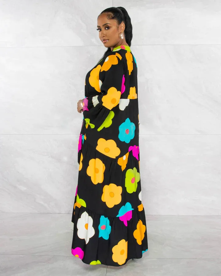 Vibrant Floral Print Button-Up Loose-Fit Maxi Dress