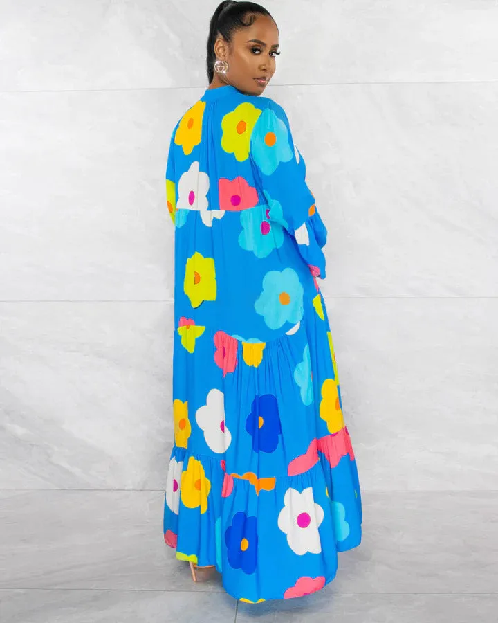 Vibrant Floral Print Button-Up Loose-Fit Maxi Dress