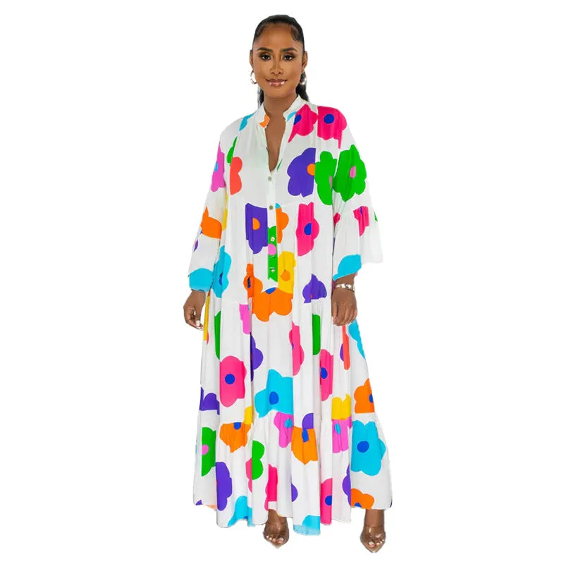 Vibrant Floral Print Button-Up Loose-Fit Maxi Dress