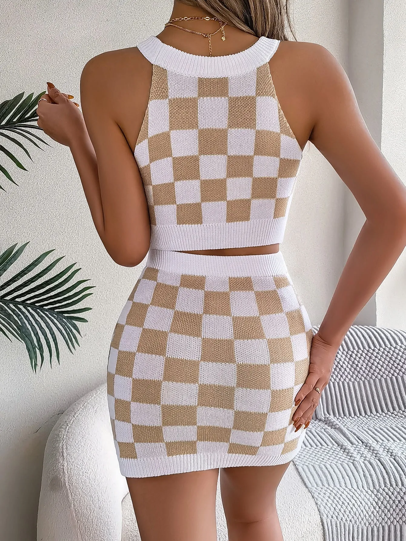Vibrant Plaid Crop Top and Mini Skirt Knitted Set for Trendy Summer Outfits
