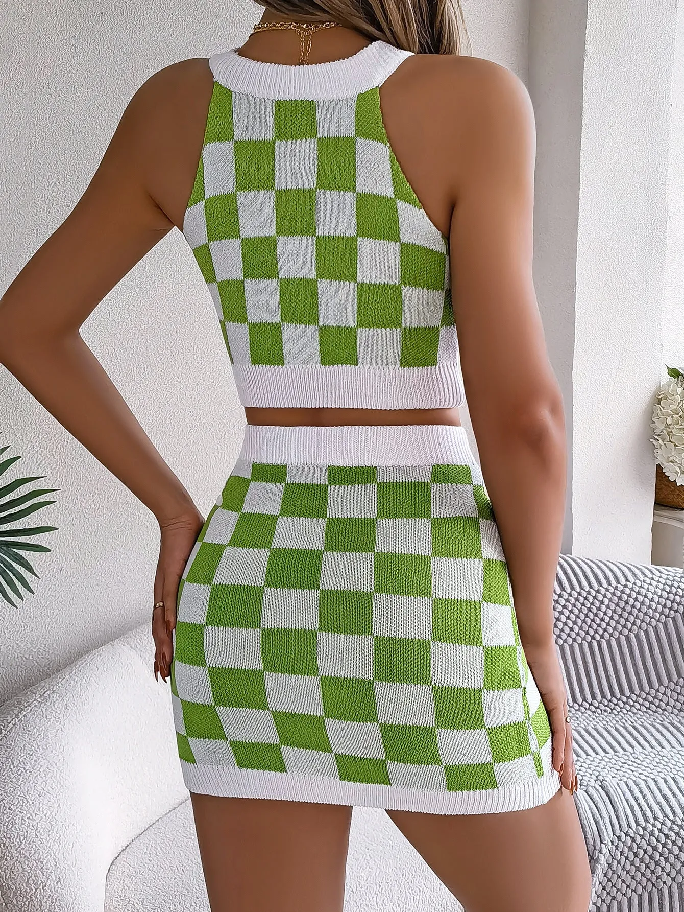 Vibrant Plaid Crop Top and Mini Skirt Knitted Set for Trendy Summer Outfits