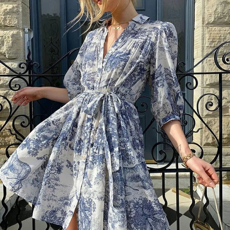 Vintage-Inspired Puff Sleeve Belted Print Shirt Dress