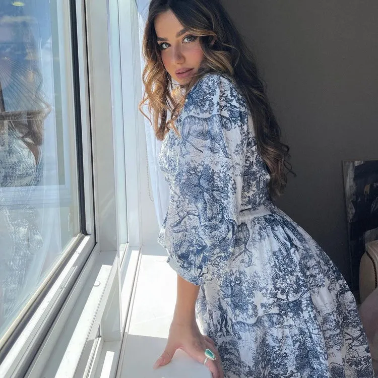 Vintage-Inspired Puff Sleeve Belted Print Shirt Dress