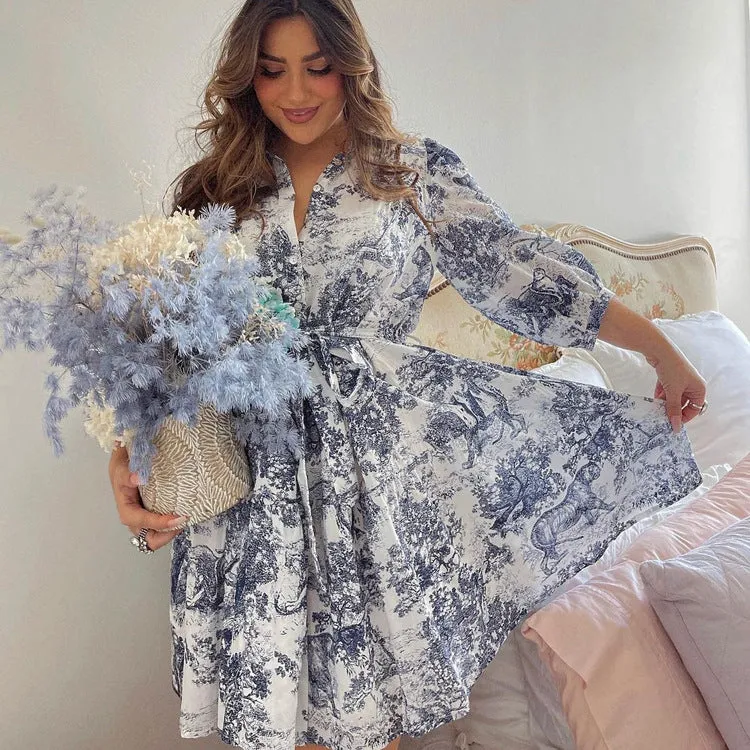 Vintage-Inspired Puff Sleeve Belted Print Shirt Dress
