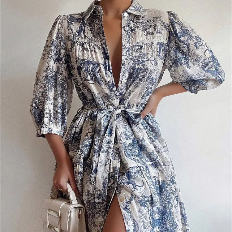 Vintage-Inspired Puff Sleeve Belted Print Shirt Dress