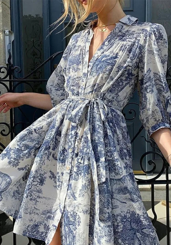 Vintage-Inspired Puff Sleeve Belted Print Shirt Dress